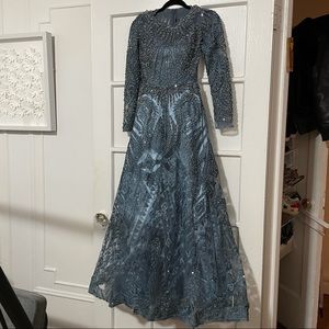 Slate Rusty Blue Gown Silver Beading & Lace Embroidered Design